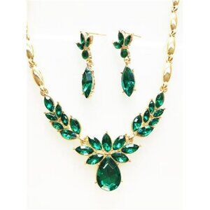 Emerald Green Necklace Earrings Set Statement Rhinestone Bridal Prom Jewelry